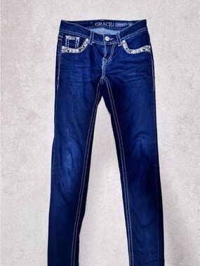 Grace in LA Indigo Skinny Jeans with Embellished Pockets